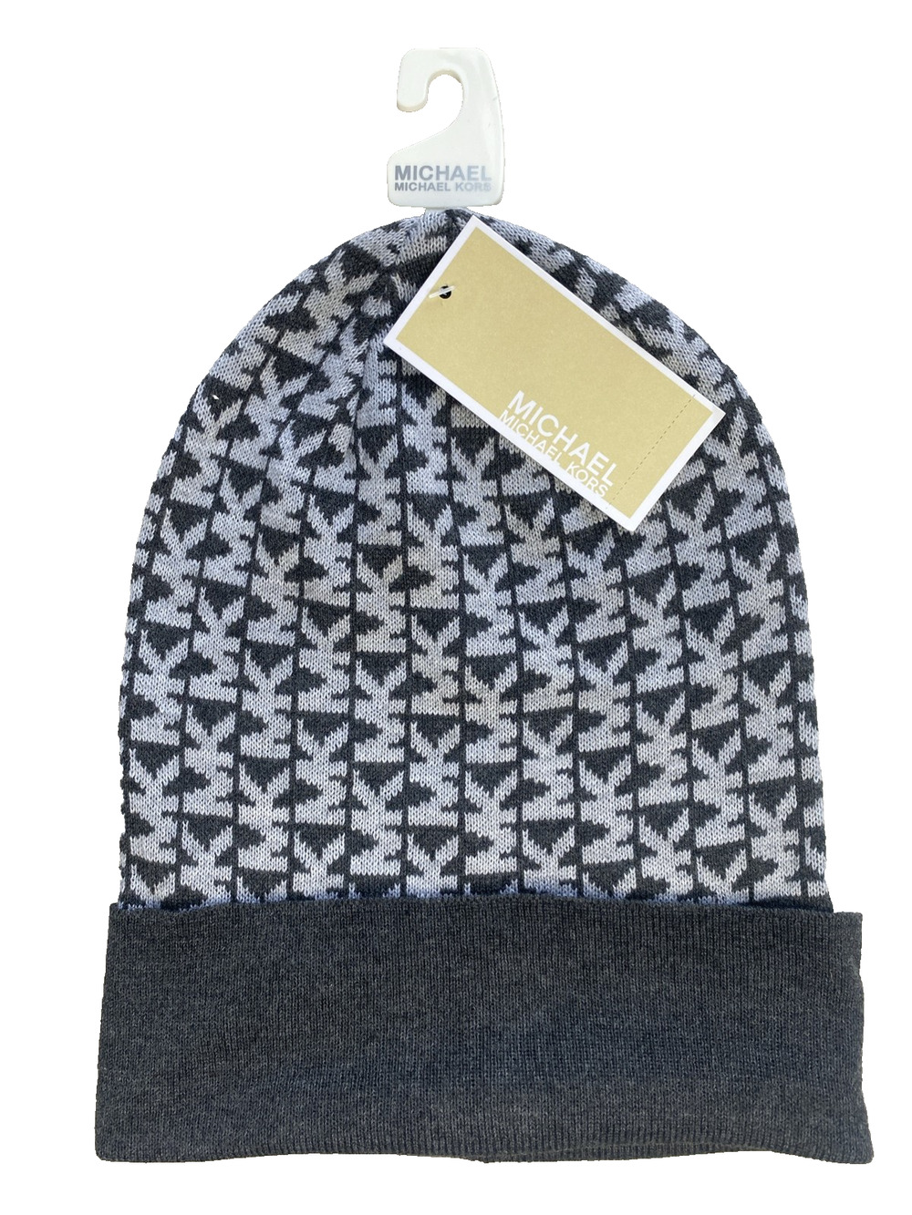 MICHAEL KORS Hat NEW Womens MK MONOGRAM Gray Logo Stretch Winter Beanie